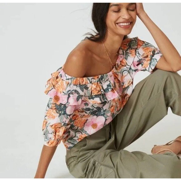 Anthropologie Ruffled Off-The-Shoulder Floral Boho Chic Blouse Women's Size S - Picture 4 of 12